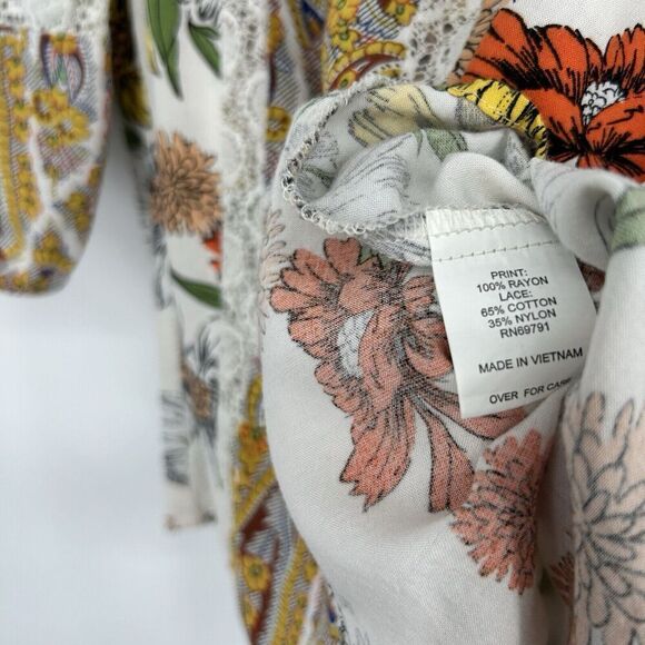 Fig & Flower Boho Peasant Top White Lace Long Slit Balloon Sleeves Yellow Size M - Picture 10 of 10